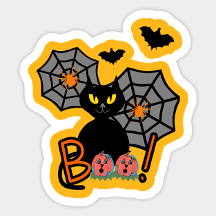 BLACK Cat Happy Halloween With Bats And Pumpkins Sticker